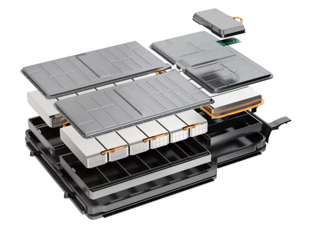 Exploded view of Electric Vehicle's battery pack isolated on white background. 3D rendering image.